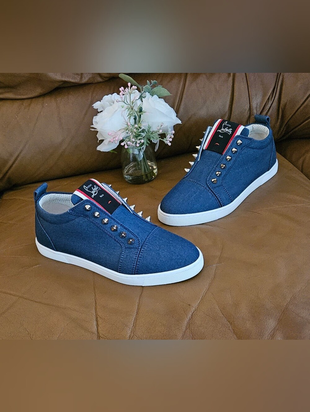 Women's Christian Louboutin Fique A Vontade Denim Spikes Sneakers Size 5.5 US